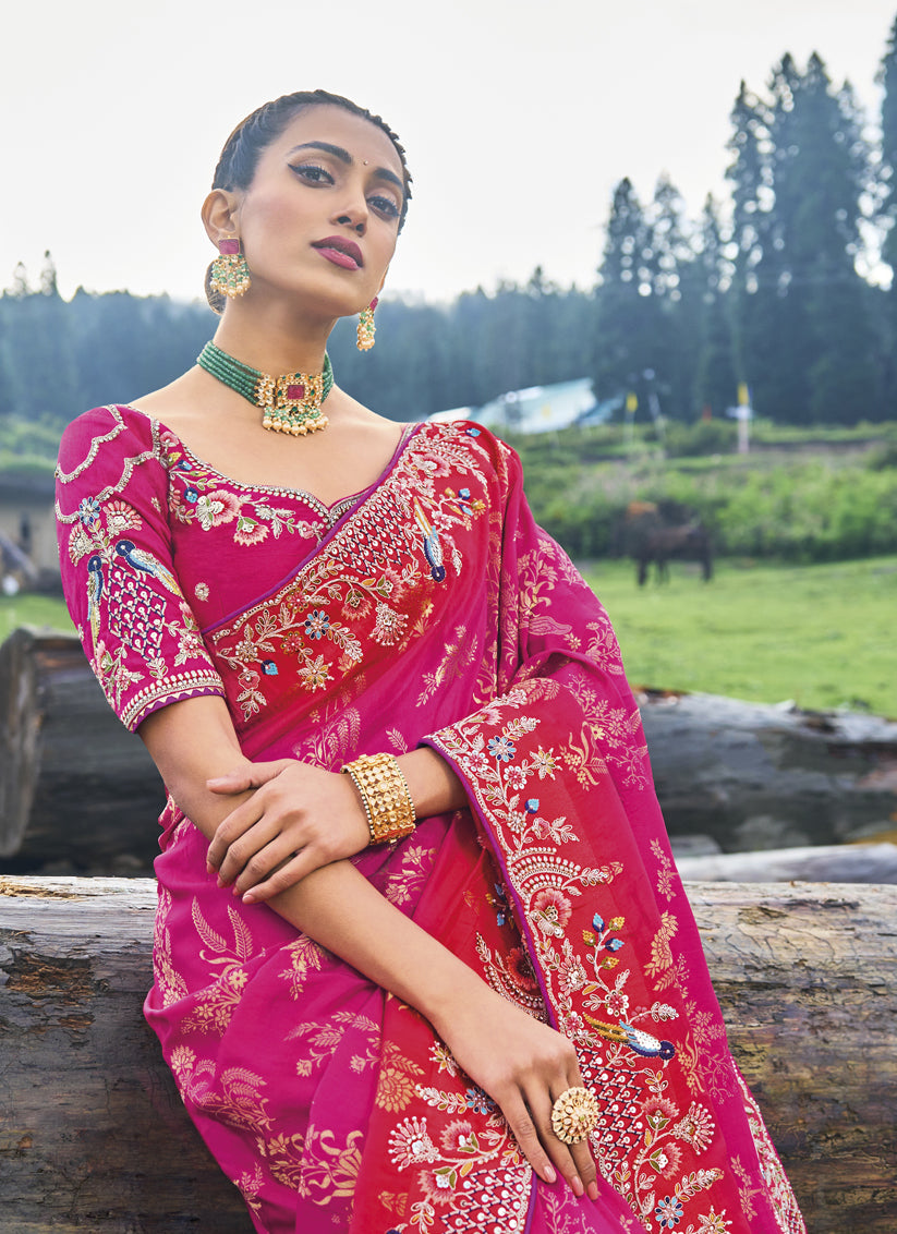 Rani Pink Silk Embroidered Heavy Designer Saree