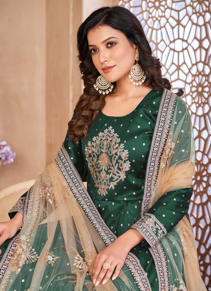 Bottle Green Embroidered Anarkali with Dupatta