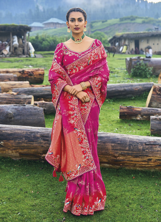 Rani Pink Silk Embroidered Heavy Designer Saree