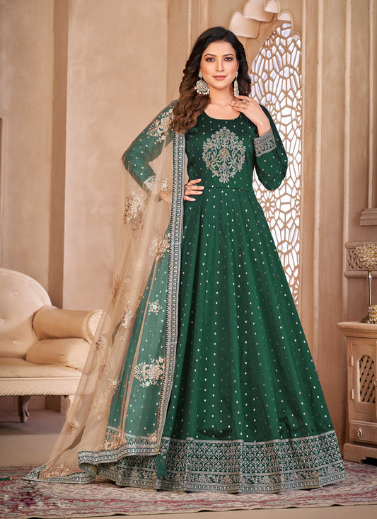 Bottle Green Embroidered Anarkali with Dupatta
