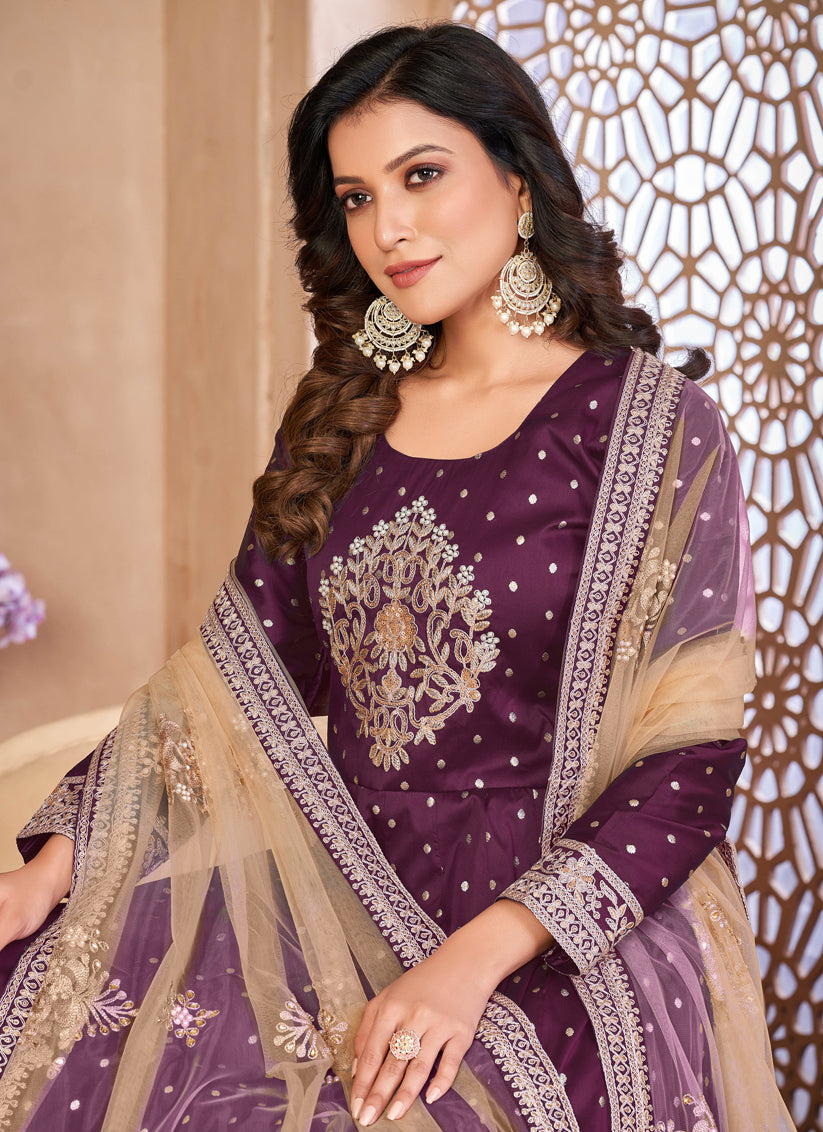 Wine Embroidered Anarkali with Dupatta