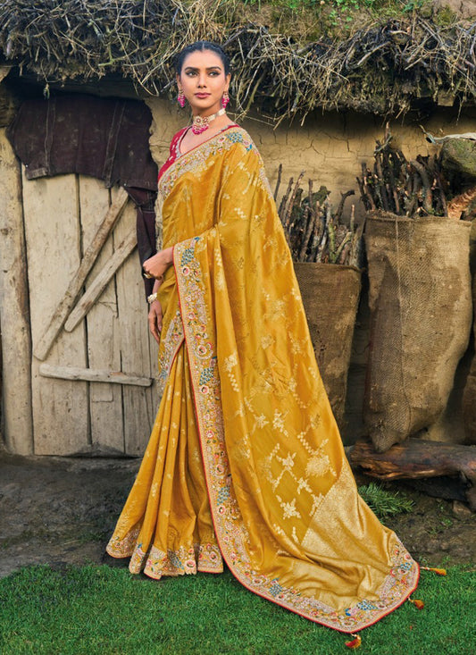Mustard Yellow Silk Embroidered Heavy Designer Saree