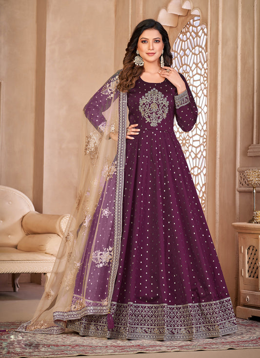 Wine Embroidered Anarkali with Dupatta