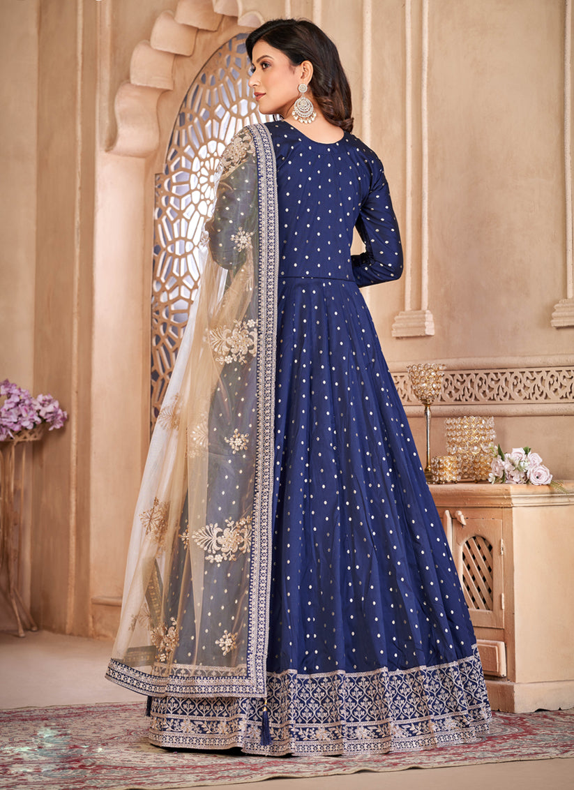 Navy Blue Embroidered Anarkali with Dupatta