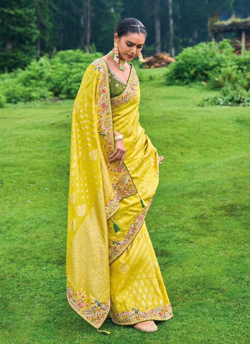 Lemon Yellow Silk Embroidered Heavy Designer Saree