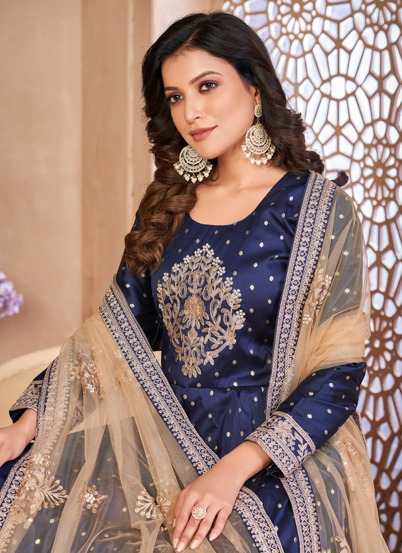 Navy Blue Embroidered Anarkali with Dupatta