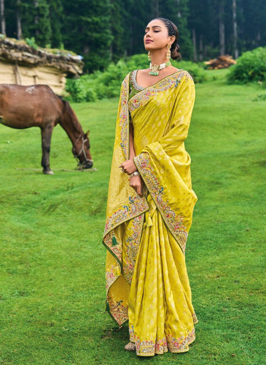 Lemon Yellow Silk Embroidered Heavy Designer Saree