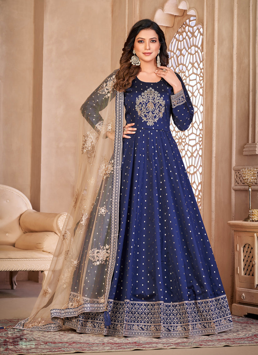 Navy Blue Embroidered Anarkali with Dupatta