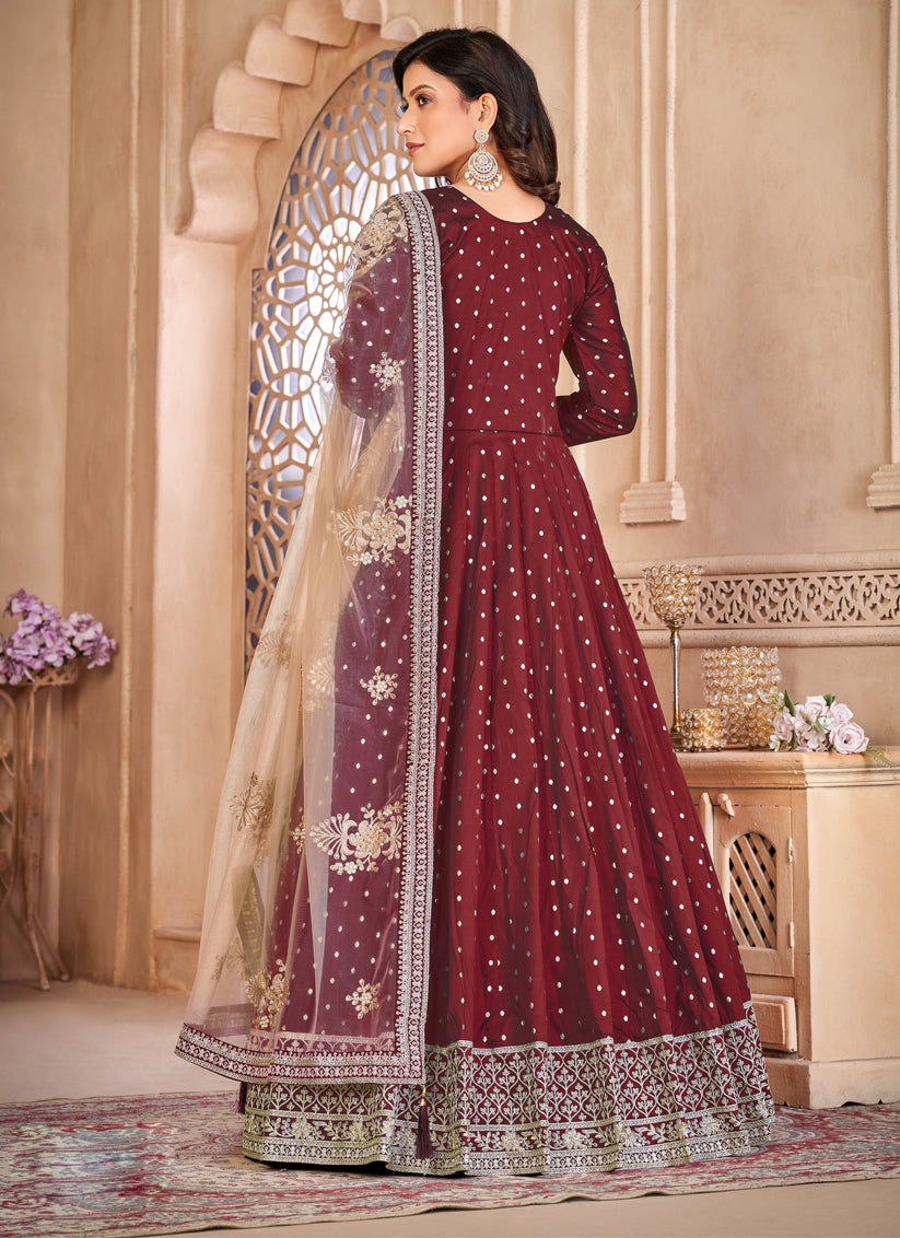 Maroon Embroidered Anarkali with Dupatta