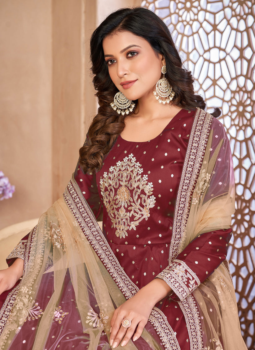 Maroon Embroidered Anarkali with Dupatta