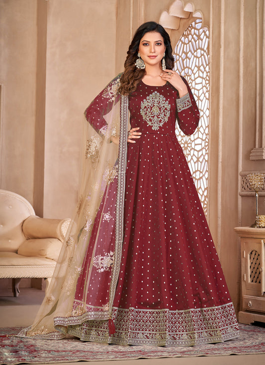 Maroon Embroidered Anarkali with Dupatta