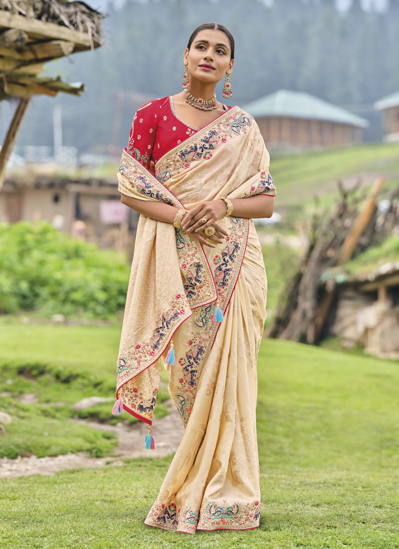 Beige Silk Embroidered Heavy Designer Saree