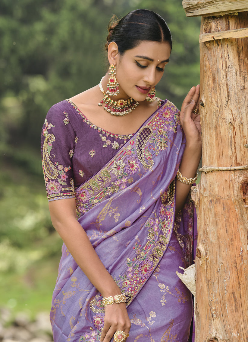 Purple Silk Embroidered Heavy Designer Saree