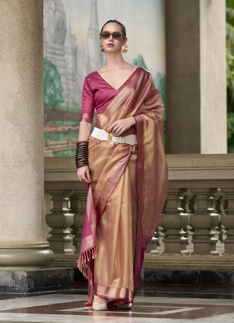 Dusty Apricot Tissue Silk Woven Festival Saree