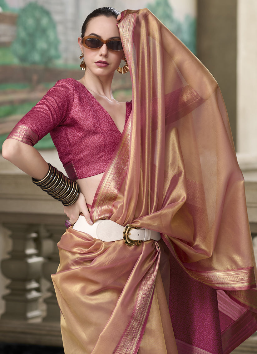 Dusty Apricot Tissue Silk Woven Festival Saree