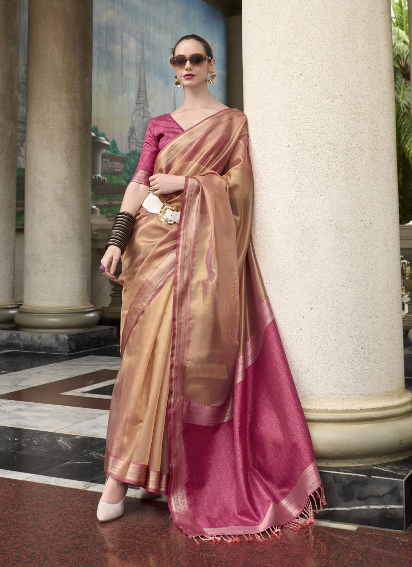 Dusty Apricot Tissue Silk Woven Festival Saree