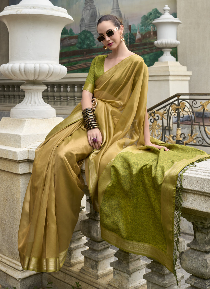 Dusty Yellow Tissue Silk Woven Festival Saree