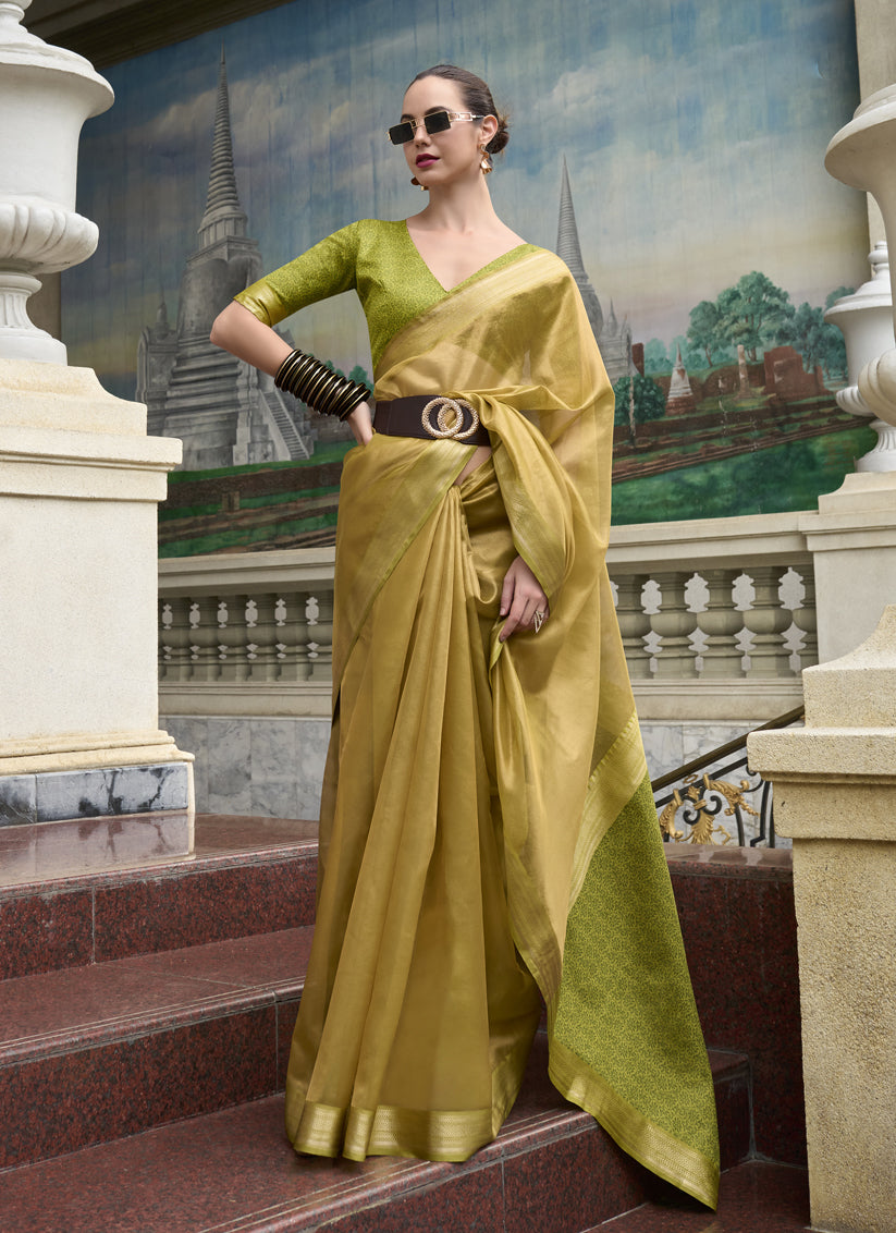 Dusty Yellow Tissue Silk Woven Festival Saree