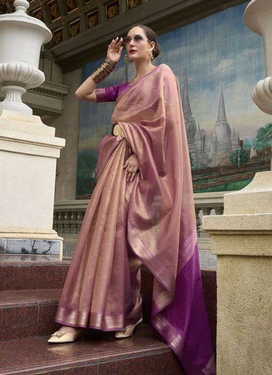 Dusty Pink Tissue Silk Woven Festival Saree