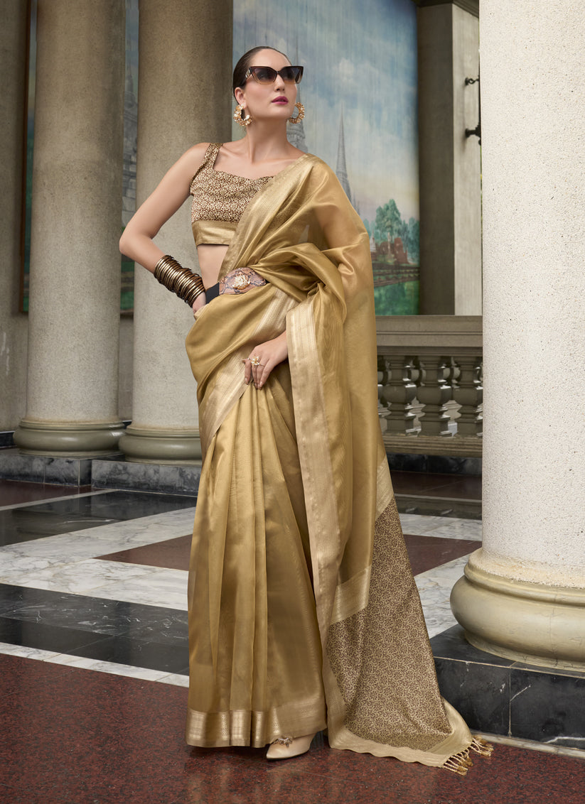 Fawn Tissue Silk Woven Festival Saree