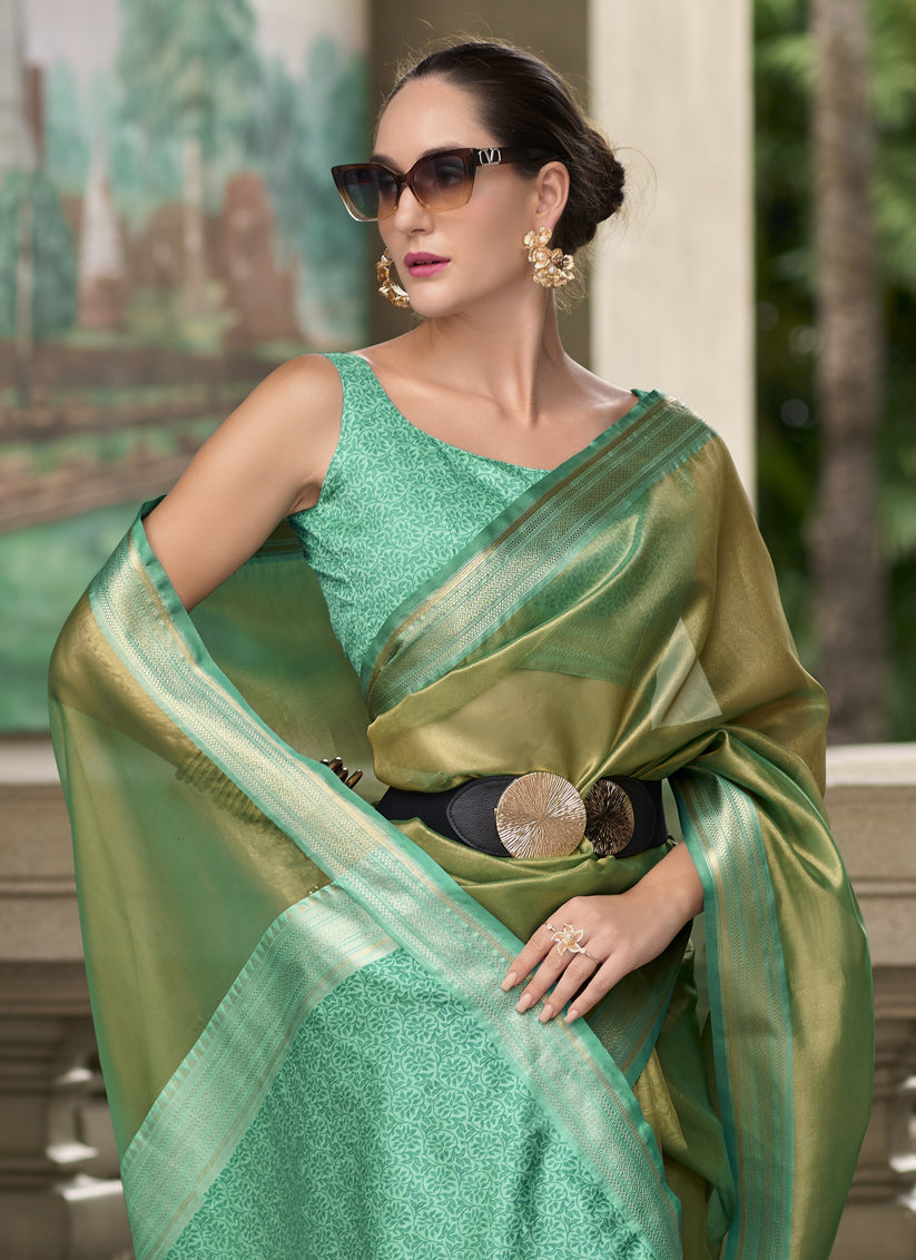 Sage Green Tissue Silk Woven Festival Saree