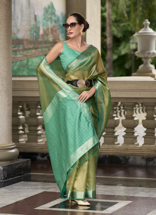 Sage Green Tissue Silk Woven Festival Saree