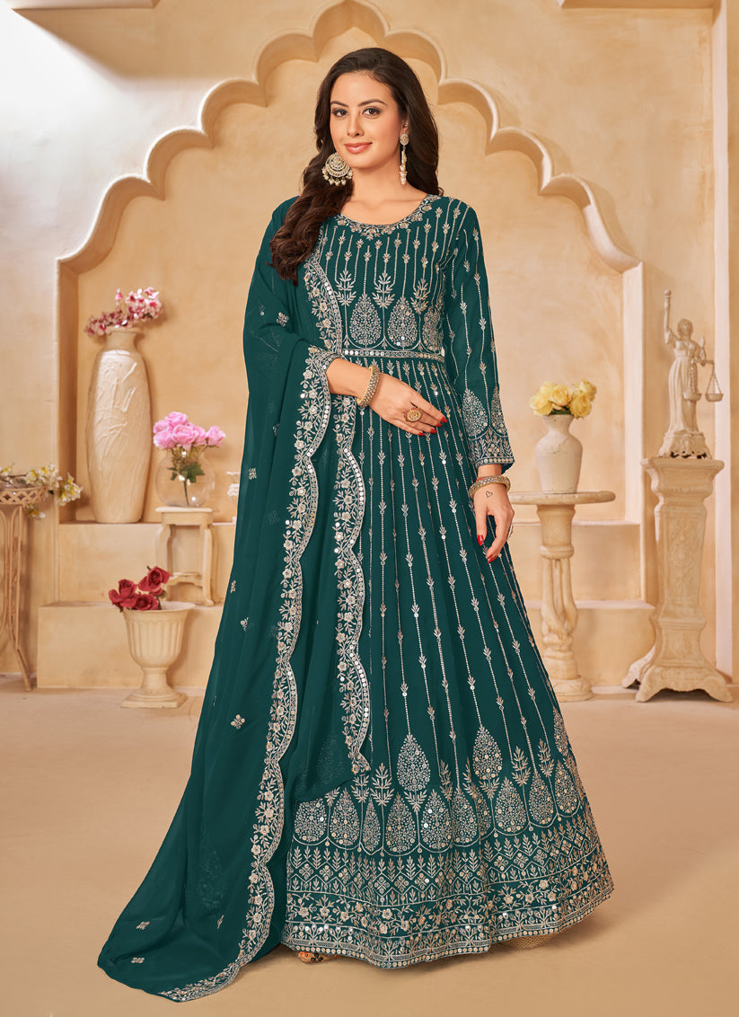 Bottle Green Faux Georgette Embroidered Anarkali Suit