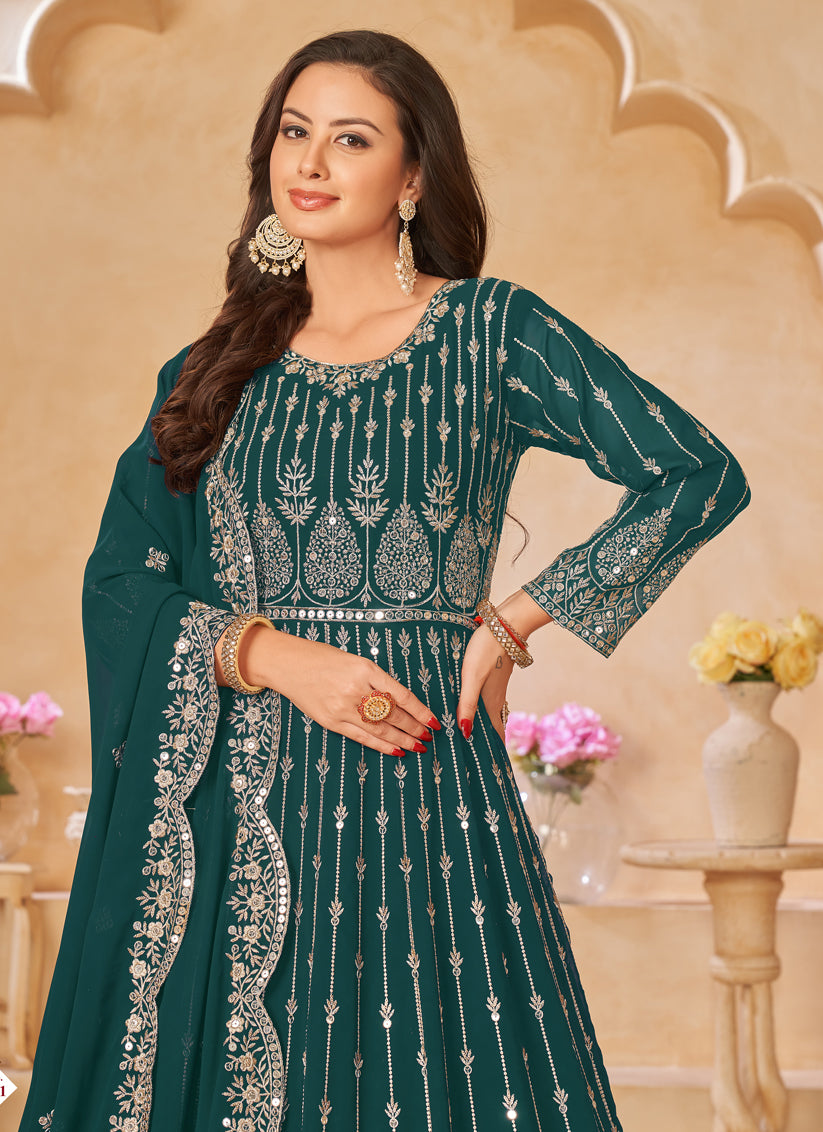 Bottle Green Faux Georgette Embroidered Anarkali Suit