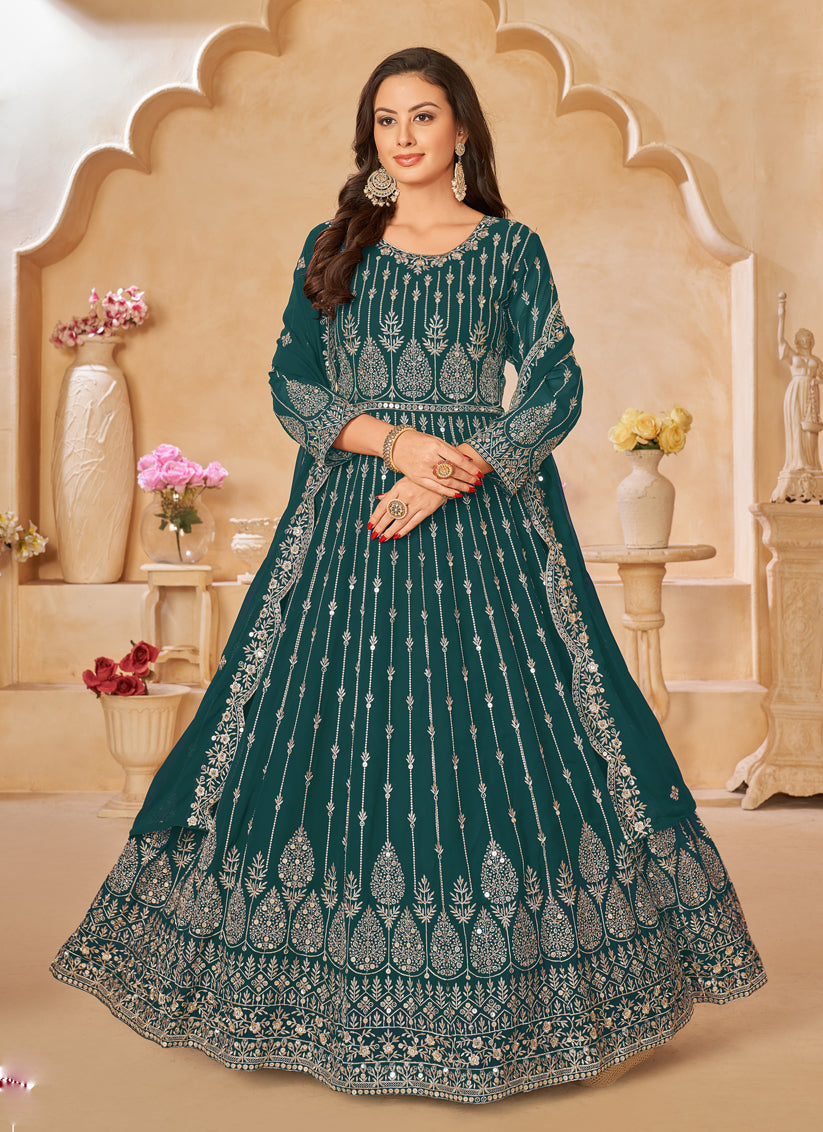 Bottle Green Faux Georgette Embroidered Anarkali Suit