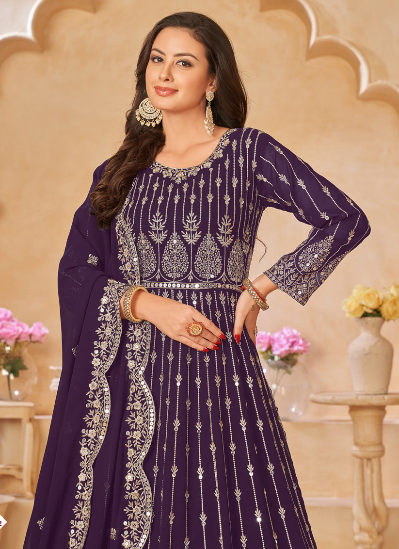 Purple Faux Georgette Embroidered Anarkali Suit