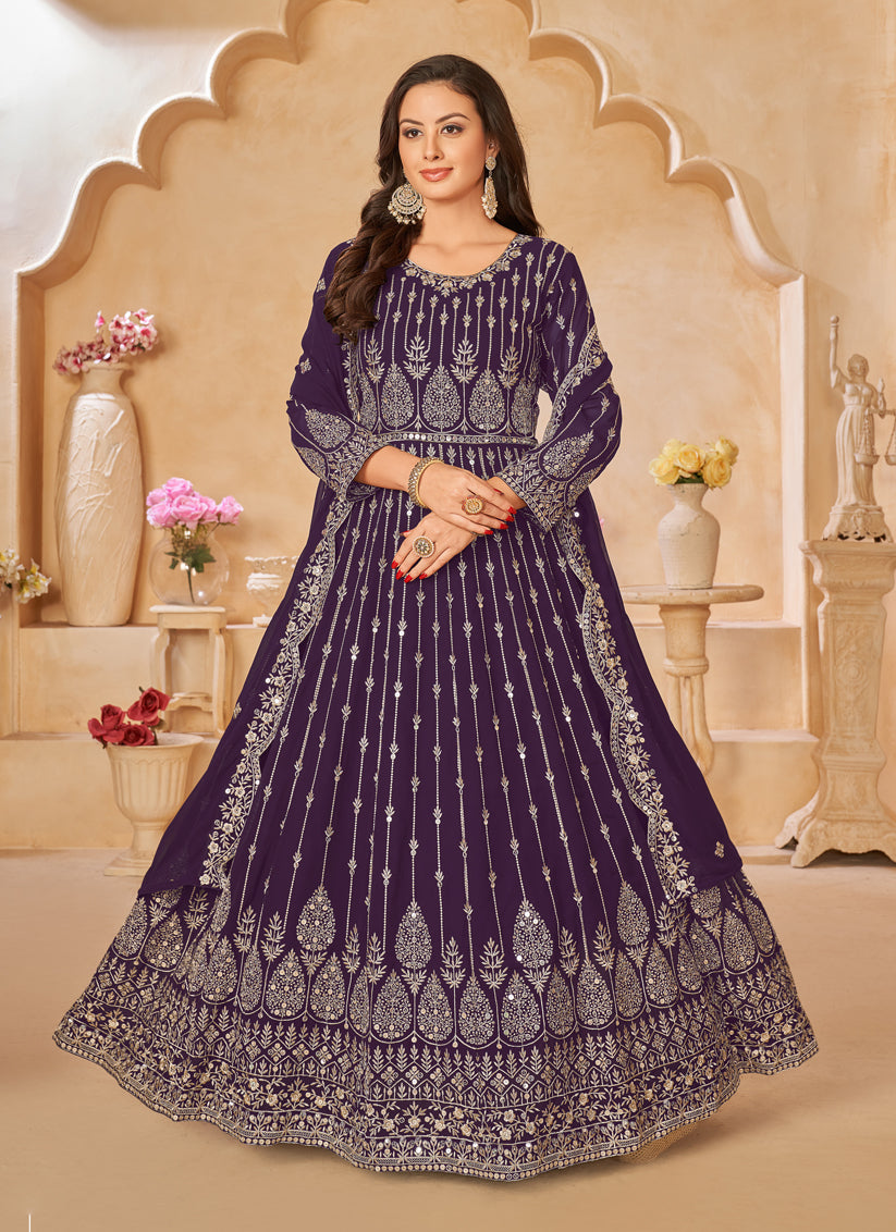 Purple Faux Georgette Embroidered Anarkali Suit