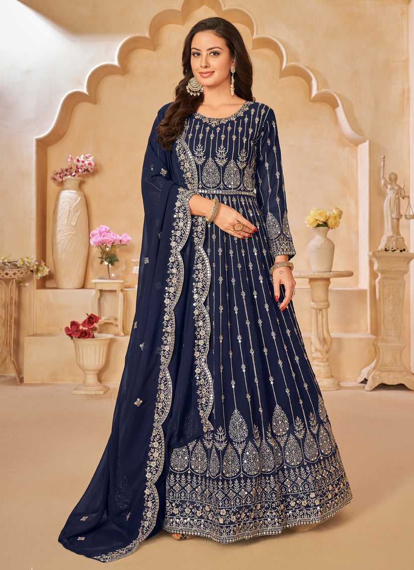 Navy Blue Faux Georgette Embroidered Anarkali Suit