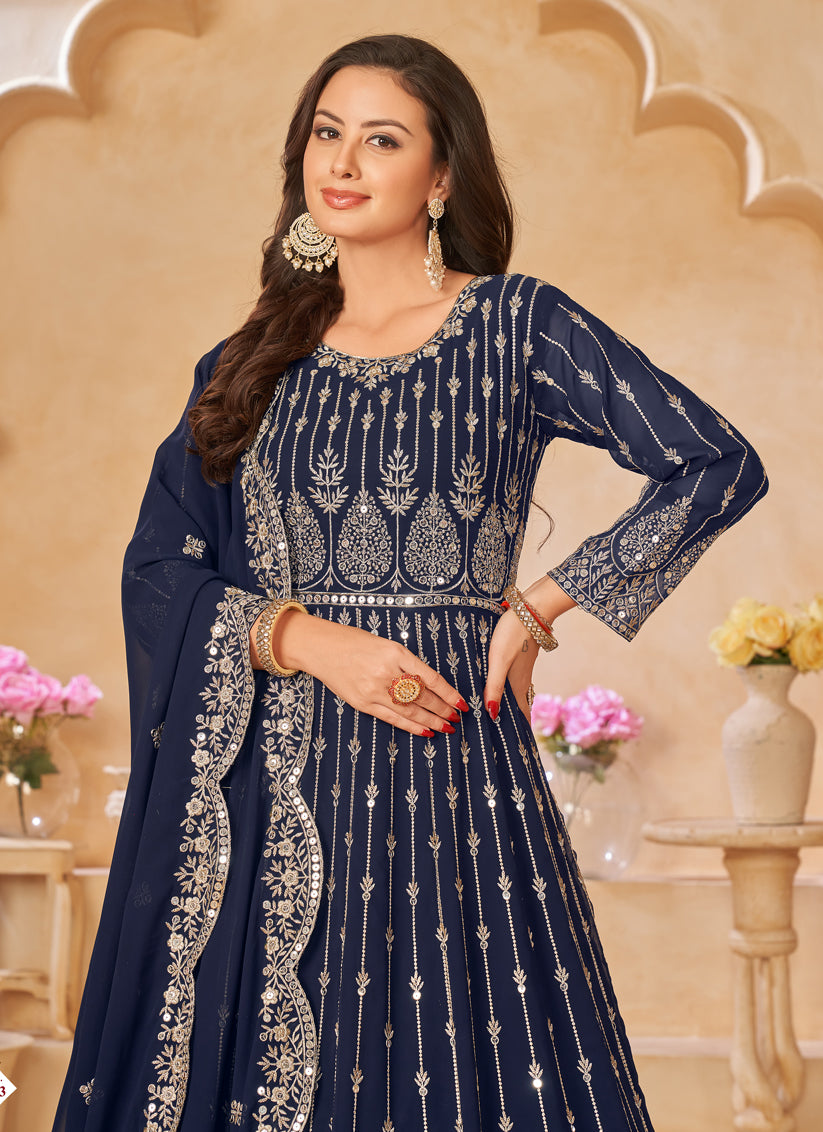 Navy Blue Faux Georgette Embroidered Anarkali Suit