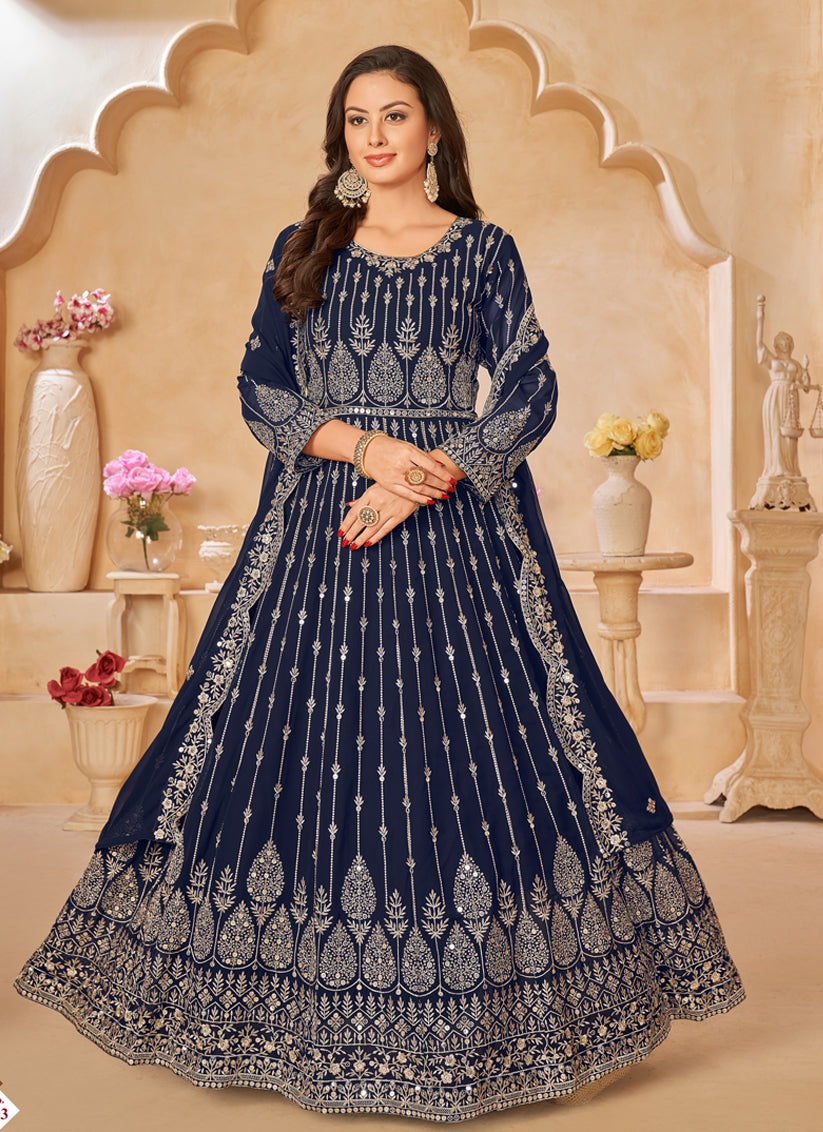 Navy Blue Faux Georgette Embroidered Anarkali Suit