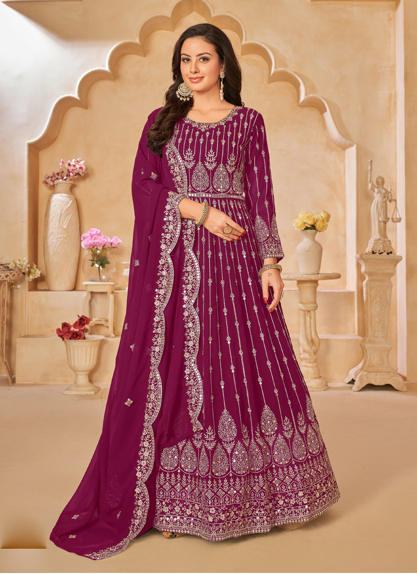 Wine Faux Georgette Embroidered Anarkali Suit