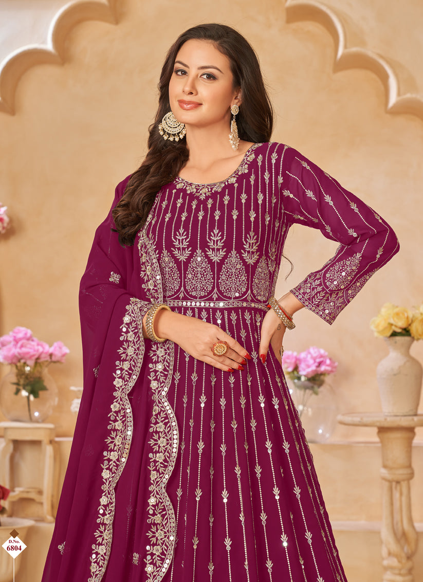 Wine Faux Georgette Embroidered Anarkali Suit