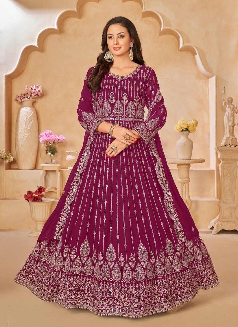 Wine Faux Georgette Embroidered Anarkali Suit