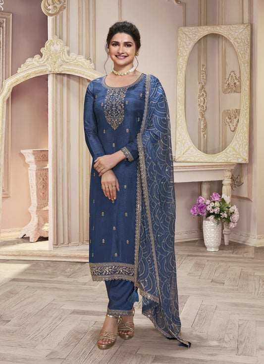 Prachi Desai Navy Blue Silk Georgette Embroidered Pant Kameez