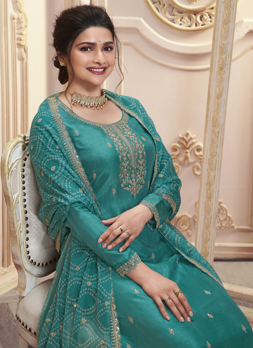 Prachi Desai Rama Green Silk Georgette Embroidered Pant Kameez