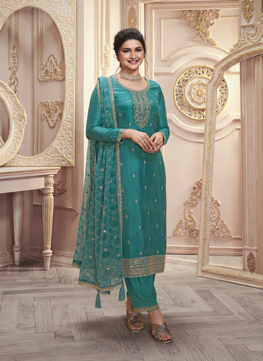 Prachi Desai Rama Green Silk Georgette Embroidered Pant Kameez