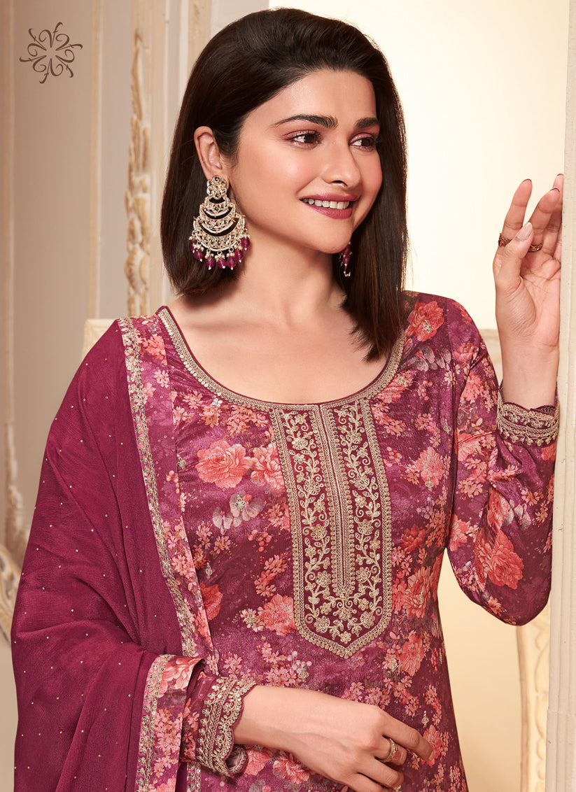 Prachi Desai Maroon Chinnon Embroidered Pant Kameez