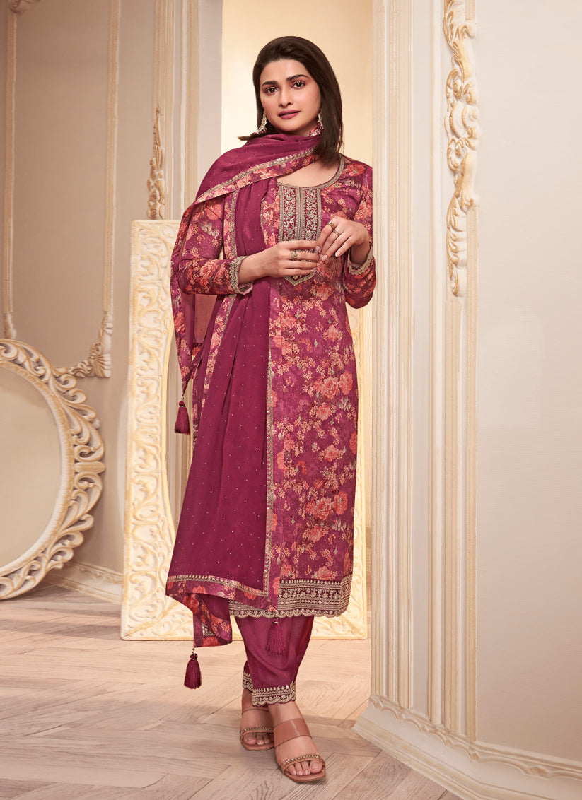 Prachi Desai Maroon Chinnon Embroidered Pant Kameez