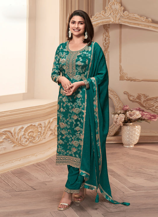 Prachi Desai Rama Green Chinnon Embroidered Pant Kameez