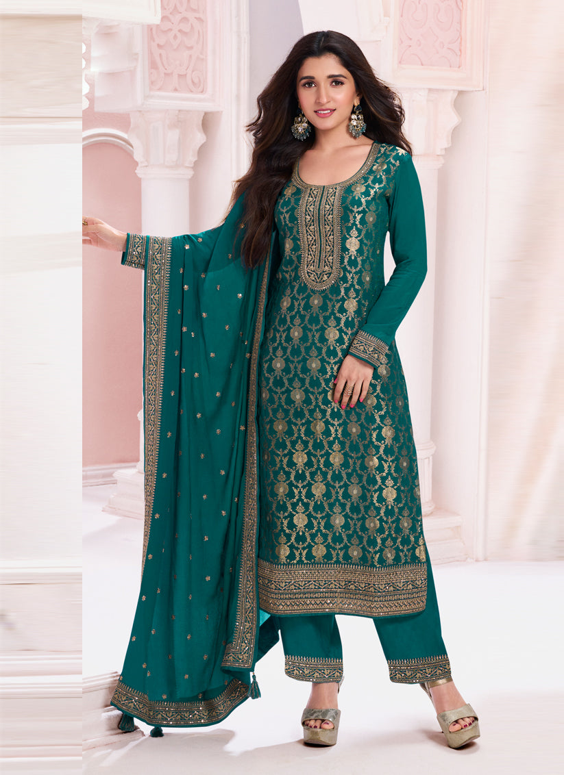 Nidhi Shah Rama Green Chinnon Embroidered Pant Kameez