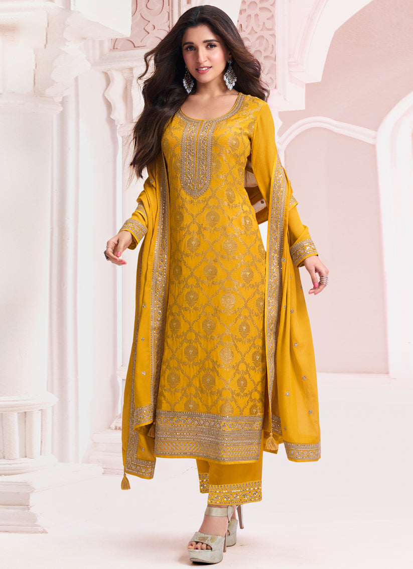 Nidhi Shah Mustard Yellow Chinnon Embroidered Pant Kameez