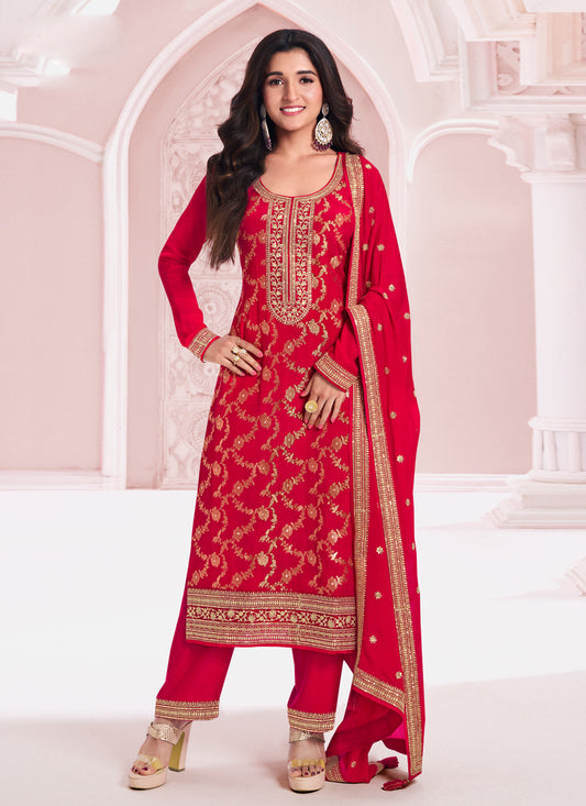 Nidhi Shah Hot Red Chinnon Embroidered Pant Kameez