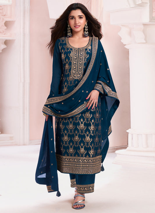 Nidhi Shah Prussian Blue Chinnon Embroidered Pant Kameez