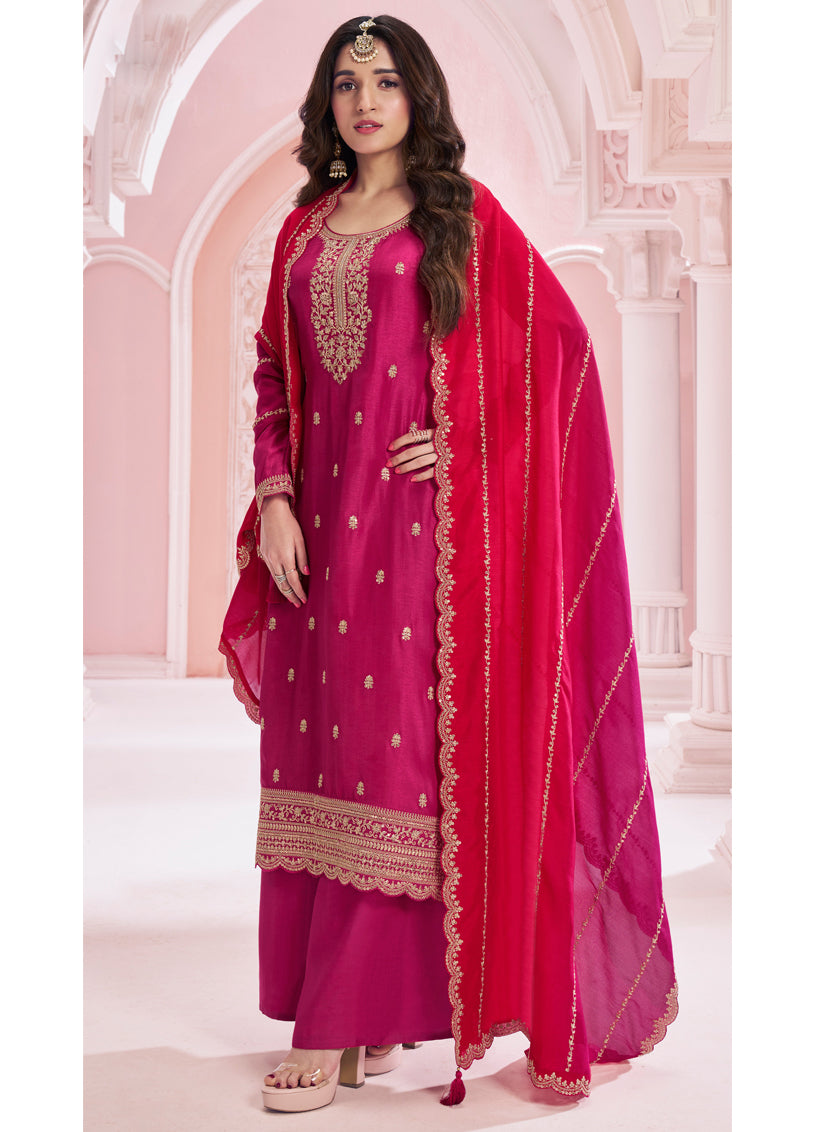 Nidhi Shah Rani Pink Silk Georgette Embroidered Palazzo Suit