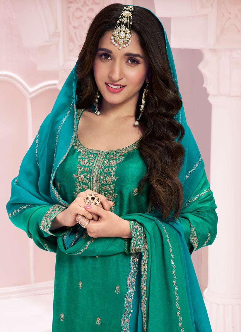 Nidhi Shah Rama Green Silk Georgette Embroidered Palazzo Suit