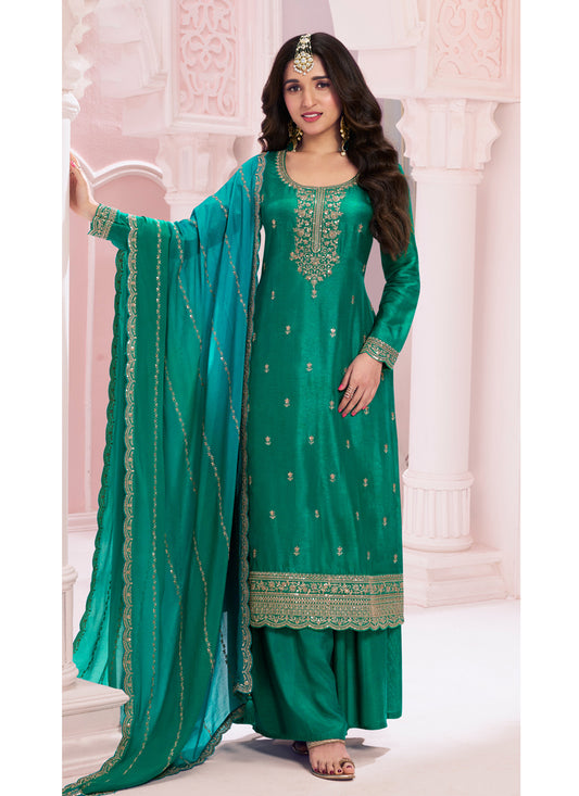 Nidhi Shah Rama Green Silk Georgette Embroidered Palazzo Suit